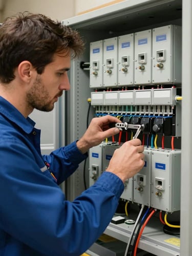 Primer plano técnico de un electricista uniformado trabajando con precisión en un cuadro eléctrico moderno en Barcelona, iluminación clara y herramientas ordenadas.