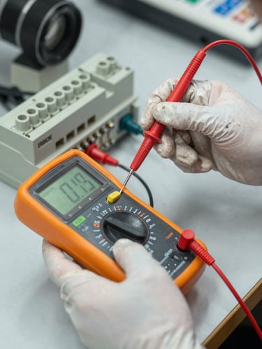 Hands of a technician wearing protective gloves, using a digital multimeter to test voltage levels on a clean, labeled terminal block. Focused bright work light, clear technical details.