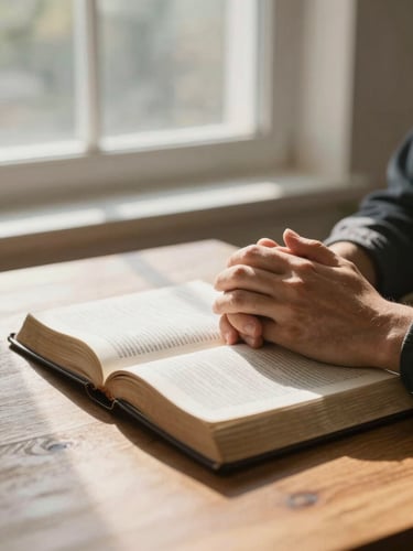 Soft natural daylight filtering through a window onto a wooden table with an open Bible, hands gently resting in a moment of quiet prayer, serene atmosphere.