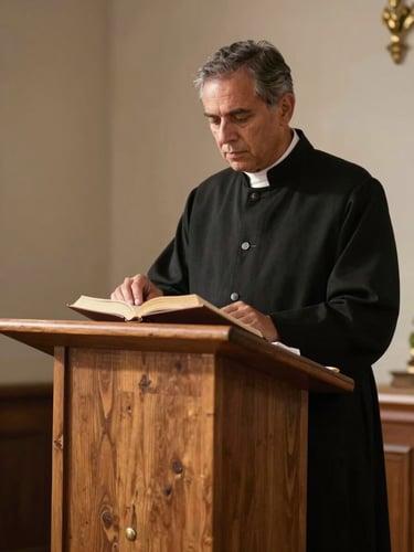 Pastor de pie enseñando con una Biblia abierta sobre un púlpito de madera natural, iluminación suave de tarde, ambiente litúrgico sereno
