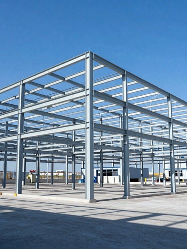 Wide shot of a large industrial warehouse under construction, structural steel framework prominent against a bright blue sky, high-contrast shadows, architectural photography, sharp focus, 35mm lens