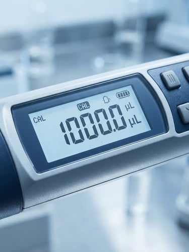 Macro shot of a high-precision digital pipette calibration interface under clinical white light, cool blue tones, sharp focus on the digital readout showing precise decimal values.