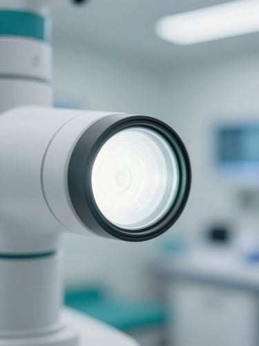 Close-up macro shot of a high-definition medical endoscope lens, sterile and glowing with a soft white light, against a blurred background of a modern clinic interior.