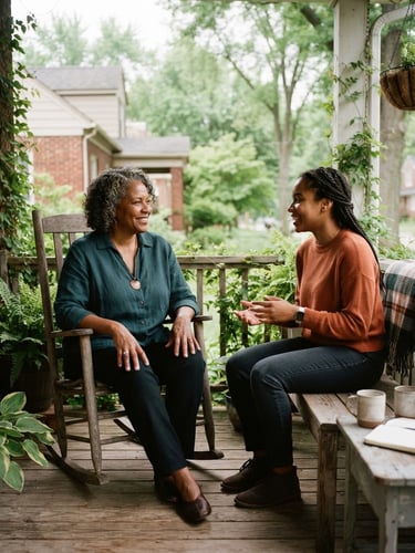 A mentor and young adult talking warmly on a porch in Indiana, soft morning light, 35mm editorial style