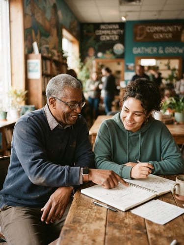 Warm editorial photography of an Indiana community mentor guiding a young adult in a cozy local community center, soft natural daylight, earthy teal tones, candid human connection, 35mm