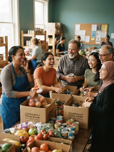 Warm editorial photography of a diverse group of local volunteers laughing together while sorting food baskets in a bright, sunlit community center in Indiana, 35mm.