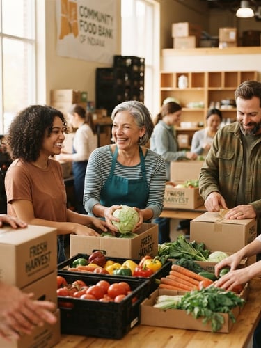 Warm editorial 35mm photograph of Indiana volunteers packing fresh produce boxes together in a sunlit community center, soft natural daylight, candid smiles, earthy teal and copper tones.