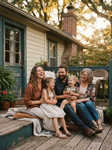 Warm editorial photography of a local Indiana family laughing together on a front porch, soft golden-hour sunlight filtering through trees, earthy teal tones, candid human connection, 35mm.