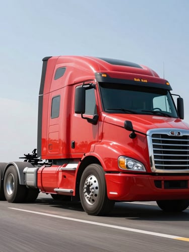 Dynamic low-angle shot of a modern red tractocamión semi-truck in motion on a clean Mexican highway under bright daylight, sharp focus on the metallic cabin, motion blur on the asphalt.