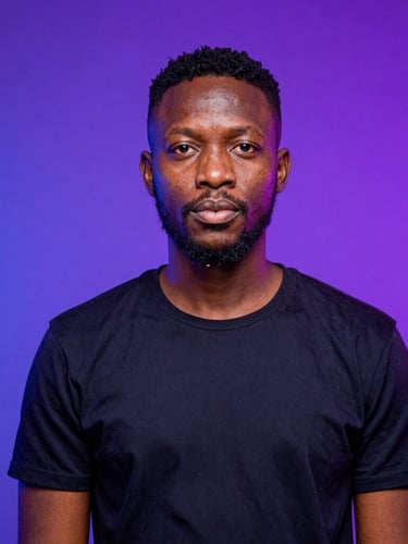 Studio portrait of Prince Asiamah with vibrant purple and blue neon backlighting, sharp focus, 35mm