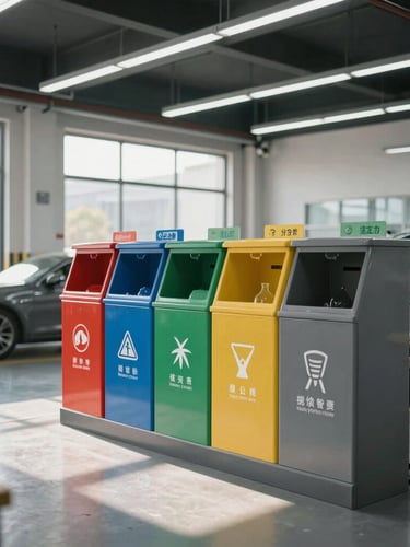 Wide professional shot of a clean, highly organized automotive workshop with clearly marked environmental compliance and waste sorting stations under bright natural light.