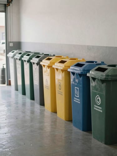 A clean, highly organized automotive workshop floor in Minas Gerais, showing clearly labeled waste sorting containers under natural daylight, professional and compliant.