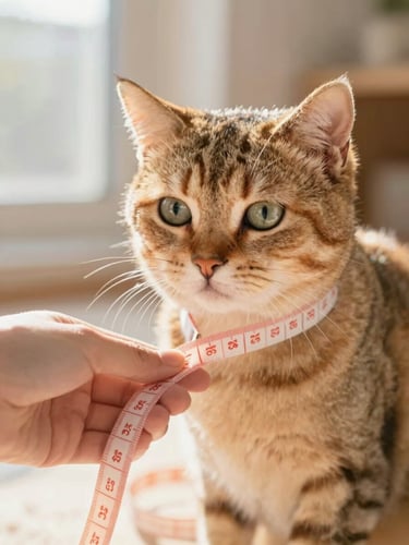 A gentle hand measuring a calm tabby cat with a soft tape measure, warm golden-hour sunlight, close-up, cozy home setting