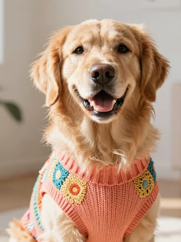 Eye-level portrait of a happy golden retriever wearing a colorful hand-stitched coral sweater, sitting in a sunlit room, warm editorial photography, shallow depth of field, 35mm