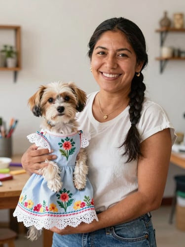 Portrait of a smiling Mexican artisan woman in a bright workshop, holding a beautifully finished pet dress, warm lighting, authentic and proud expression