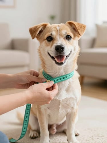 Warm editorial photography of human hands gently measuring a happy small dog's chest with a turquoise tape measure, soft natural home lighting, shallow depth of field, 35mm.