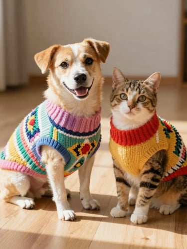 A happy dog and cat sitting together on a sunny wooden floor, wearing vibrant, perfectly fitted handmade sweaters with colorful Mexican artisanal patterns, soft golden-hour light, eye-level pet portrait, 35mm