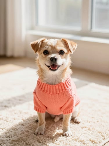 A happy small dog wearing a bright coral knitted sweater, sitting comfortably on a warm cream rug under soft, bright window light, eye-level pet portrait, shallow depth of field