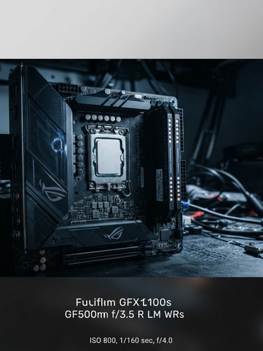 Wide panoramic 21:9 frame of a motherboard under dramatic directional workbench lighting, cool technical color palette, shallow depth of field, 50mm, subject placed off-center to the left
