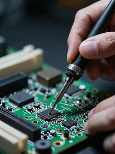 Portrait extreme close-up of hands soldering components on a motherboard, dramatic directional workbench lighting, cool technical color palette, shallow depth of field, 50mm.