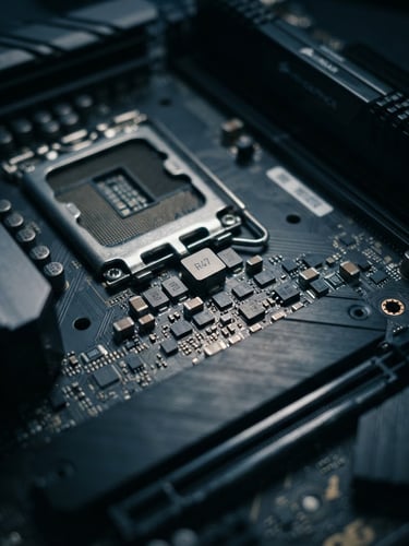 Macro shot of a motherboard under dramatic directional workbench lighting, cool ambient tones, shallow depth of field, 50mm.