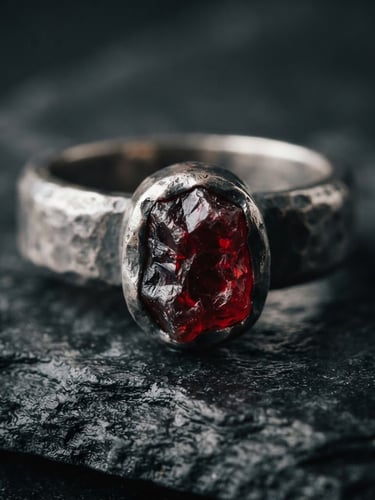 Macro editorial photography of a heavy hand-forged sterling silver ring set with a raw-cut red Aqeeq stone resting on a dark slate slab, dramatic side lighting, deep charcoal tones, 35mm