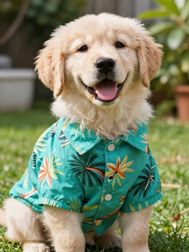 A happy small golden retriever puppy wearing a vibrant teal tropical shirt, sitting in a bright sunlit garden, eye-level medium close-up, warm natural daylight