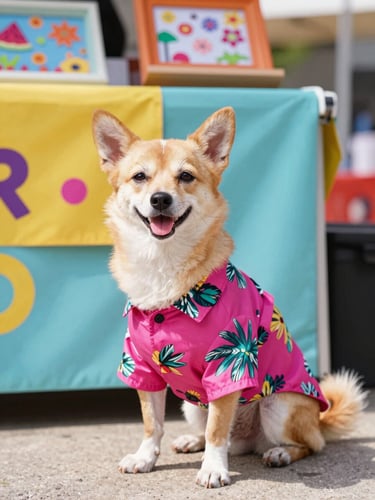 A happy small dog wearing a bright magenta tropical print shirt sitting proudly next to a colorful craft market stall, bright daylight, eye-level shot.