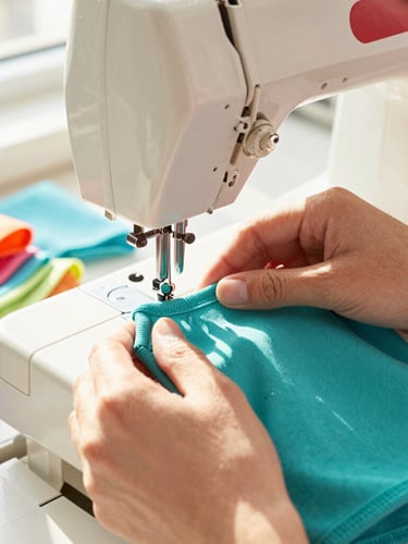 Close-up of hands carefully sewing a vibrant teal pet shirt on a vintage sewing machine, warm sunlight streaming through a window, soft focus on colorful fabrics.