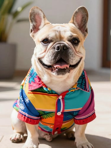 A happy French Bulldog wearing a custom-fit colorful Mexican summer shirt, sitting comfortably in a bright sunlit patio, eye-level medium shot, vibrant tones
