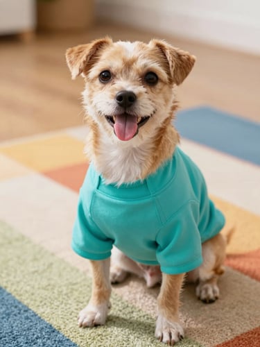Happy small dog wearing a bright teal summer shirt, sitting on a colorful rug, looking up with tongue out, warm natural daylight, eye-level shot