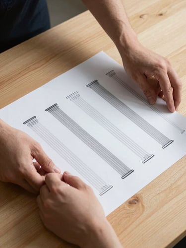 Hands carefully aligning a printed editorial proof on a light oak table, studio strobes casting precise shadows, the printed columns sharp and deliberate, no other objects in frame