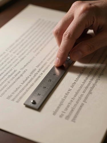 Close-up of a hand resting a typesetter's rule against a column of dense text on cream paper, studio strobe light raking across the surface from the left, sharp shadows revealing paper texture, extreme detail