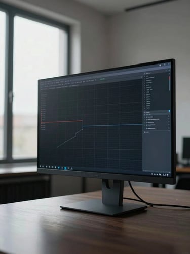 Wide environmental shot of a sparse digital interface displayed on a dark monitor in an empty room, north-facing daylight entering from a tall window to the left, the screen's grid geometry the only ornament