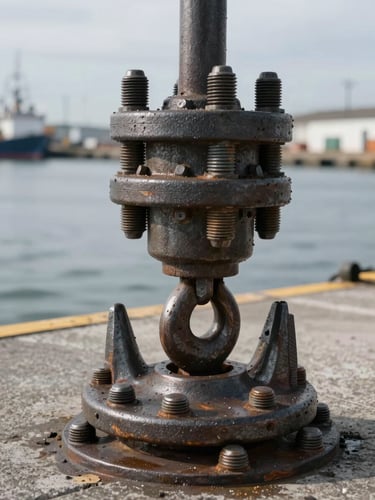 Close-up of industrial steel mooring hook assembly on a concrete jetty, heavy-duty bolts, overcast harbor light, high contrast