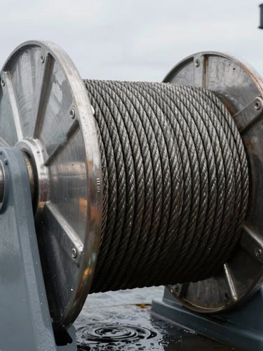 Extreme close-up of heavy-duty marine winch drum winding thick steel wire rope on an active vessel deck, overcast daylight, high-contrast metallic reflections