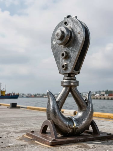Wide environmental port shot of a heavy steel quick-release mooring hook assembly on a concrete jetty, overcast dockside daylight, industrial metallic texture.