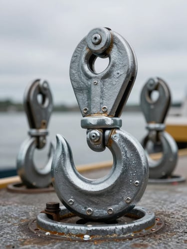 Close-up shot of heavy-duty quick-release mooring hooks on a steel dock, natural overcast daylight, focus on industrial welds and metallic textures.
