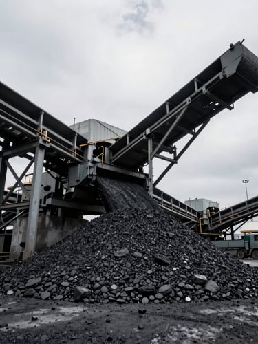 Wide angle shot of a heavy-duty industrial conveyor belt system moving raw coal at an Indonesian port terminal, overcast daylight, high-contrast steel structures.