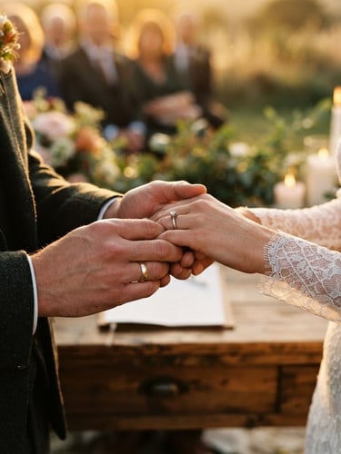 Close-up of hands holding during a wedding ceremony, warm golden hour light, rich editorial photography, deep saturated tones, 35mm film grain