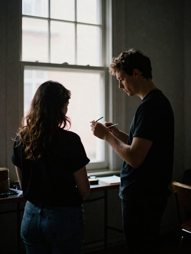 A quiet behind-the-scenes moment of preparation, soft window light, deep shadows, rich editorial photography, 35mm film grain