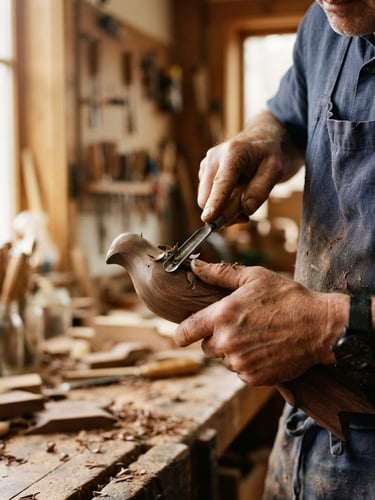 Close-up of hands carving dark wood in a sunlit workshop, rich ambient light, 35mm film grain, shallow depth of field