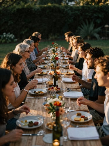 Wide environmental shot of a lively dinner table at golden hour, candid expressions, natural motion blur, warm tones