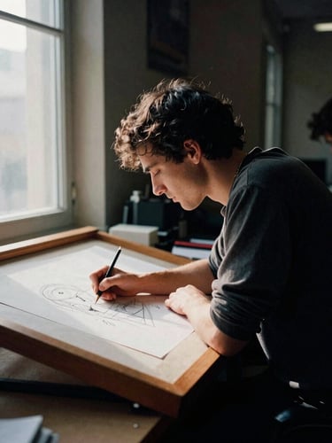 A designer sketching at a drafting table, dramatic side light from a large window, deep shadows, authentic atmosphere, 35mm film grain