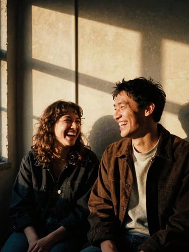 Candid environmental portrait of a couple laughing together in a sun-drenched industrial loft, warm golden light, rich shadows, highly detailed 35mm film grain.