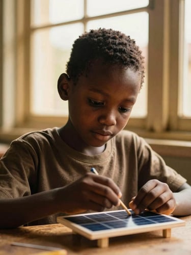 A medium close-up of a young African boy focused on building a small solar-powered model, warm golden-hour window light, rich authentic tones, shallow depth of field, 35mm