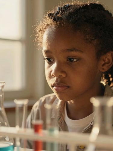 A close-up portrait of an African girl looking thoughtfully at a science experiment, soft golden-hour window light, warm editorial photography style.
