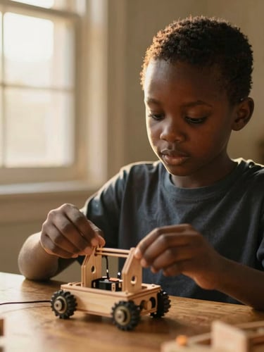 A focused young African boy assembling a wooden robotics kit, warm golden-hour window light, shallow depth of field, rich authentic tones.