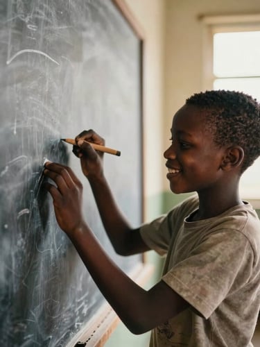 A young African boy smiling warmly as he writes on a clean chalkboard, sunlight streaming through a window, soft focus background, warm editorial style, 35mm
