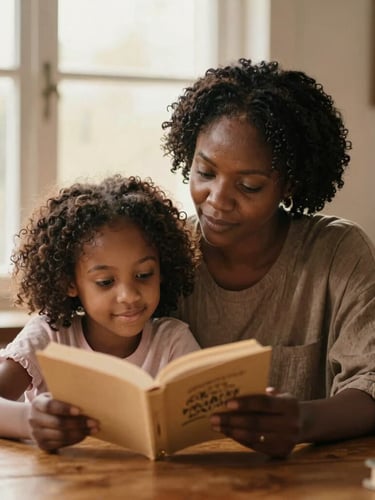 A warm editorial portrait of an African mother and daughter reading together at a wooden table, soft morning window light, rich authentic tones, shallow depth of field, 35mm
